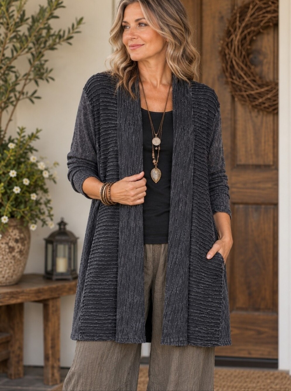 Jess & Jane Dark Gray Open-Front Crinkle Jersey Knit Lagenlook Boho Cardigan XL